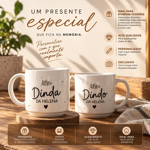 Arte de xícaras personalizadas para dinda e dindo, com detalhes do produto